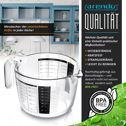 ARENDO Messbecher Set 2000 ml Glas, Borosilikatglas, hitzebeständig