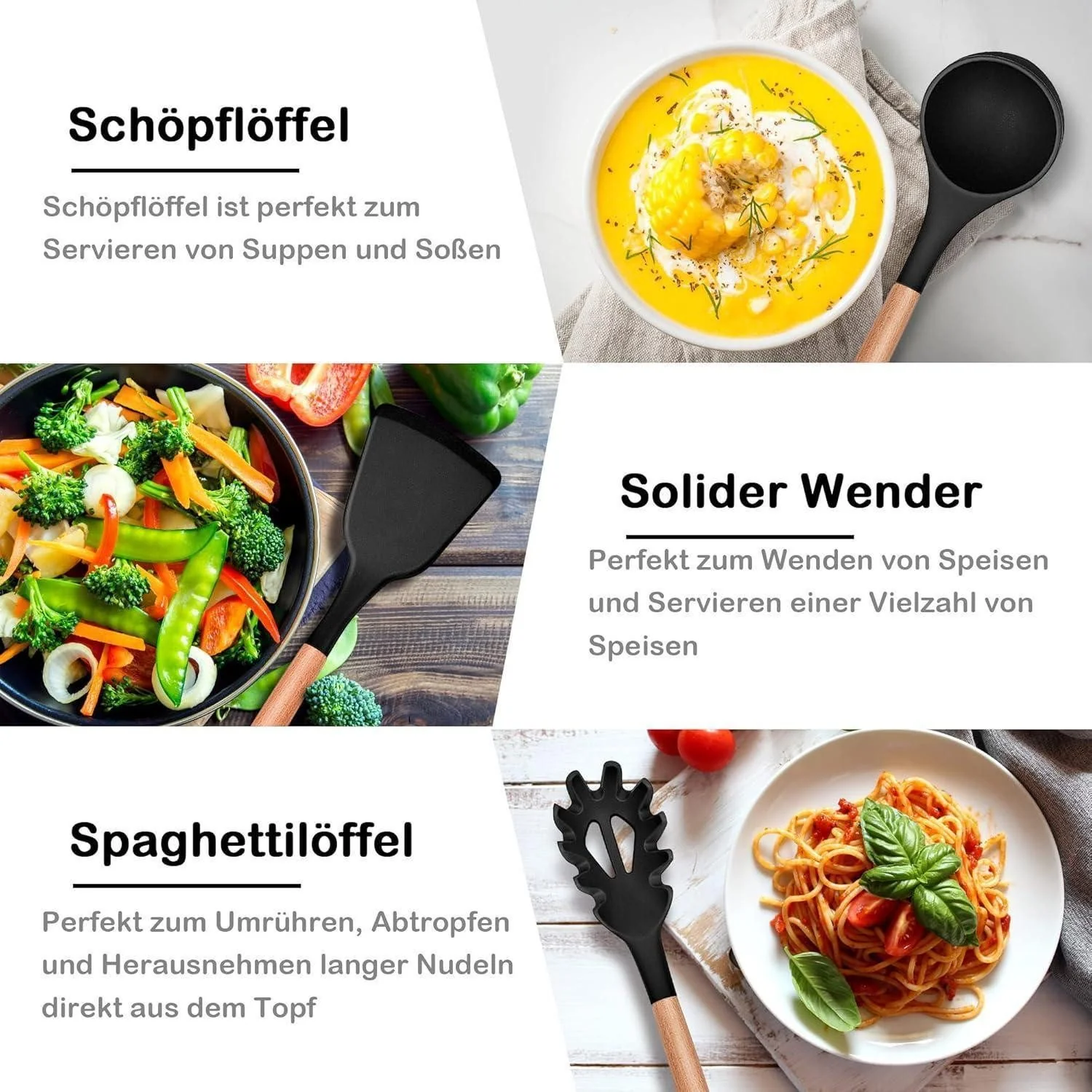 LUXUSKOLLEKTION Kochbesteck Set Silikon 6-teilig hitzefest Holzgriff