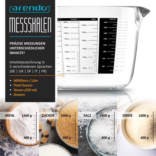 ARENDO Messbecher Set 2000 ml Glas, Borosilikatglas, hitzebeständig