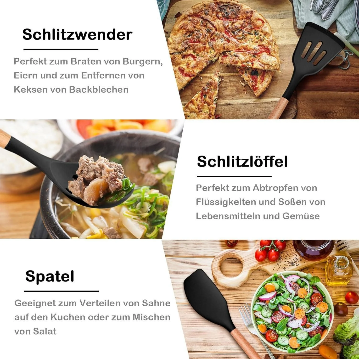 LUXUSKOLLEKTION Kochbesteck Set Silikon 6-teilig hitzefest Holzgriff