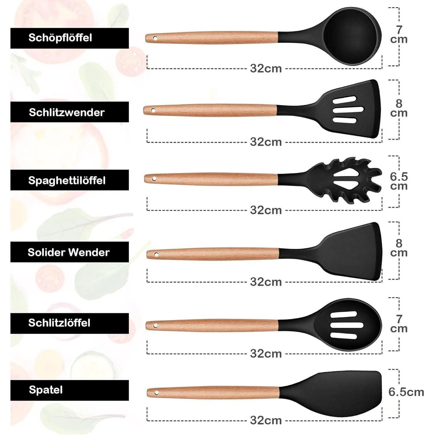 LUXUSKOLLEKTION Kochbesteck Set Silikon 6-teilig hitzefest Holzgriff