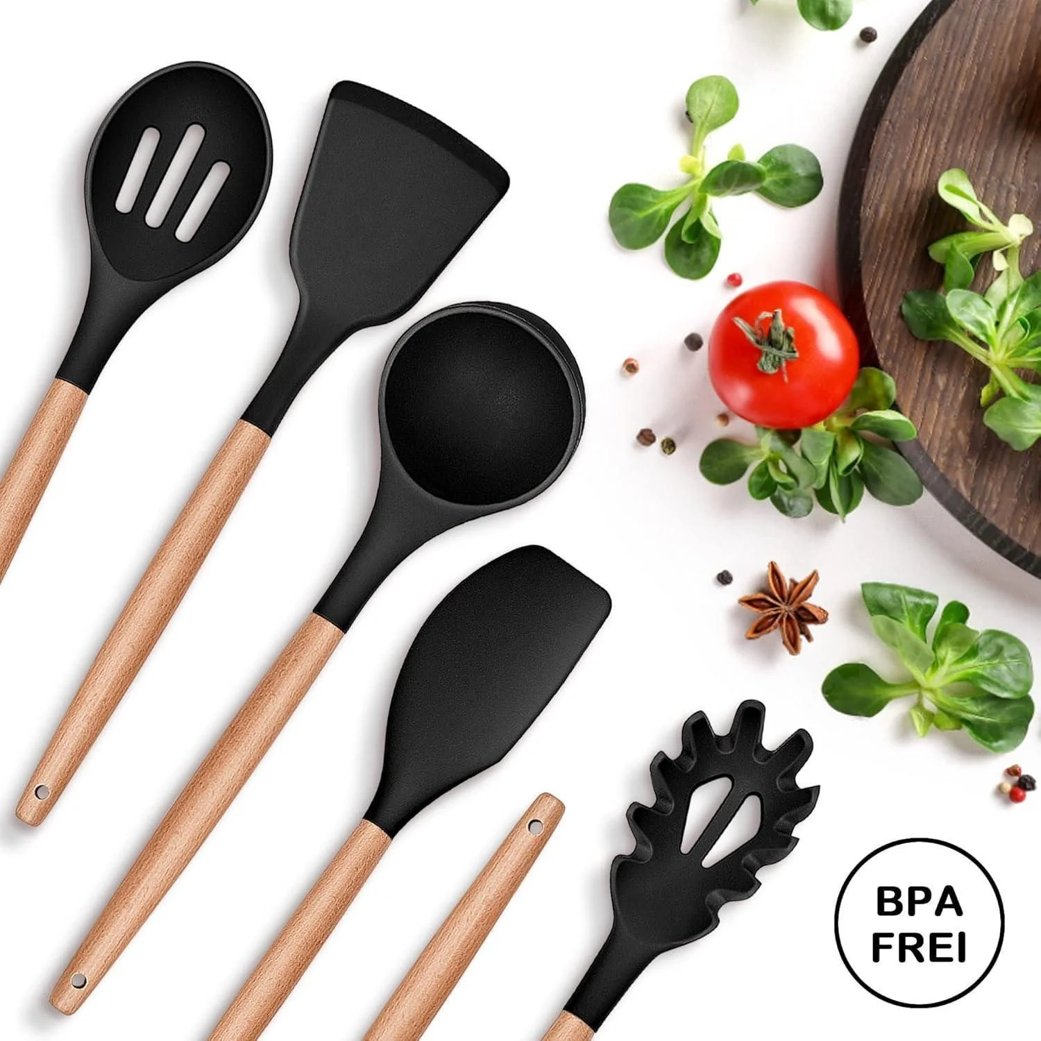 LUXUSKOLLEKTION Kochbesteck Set Silikon 6-teilig hitzefest Holzgriff