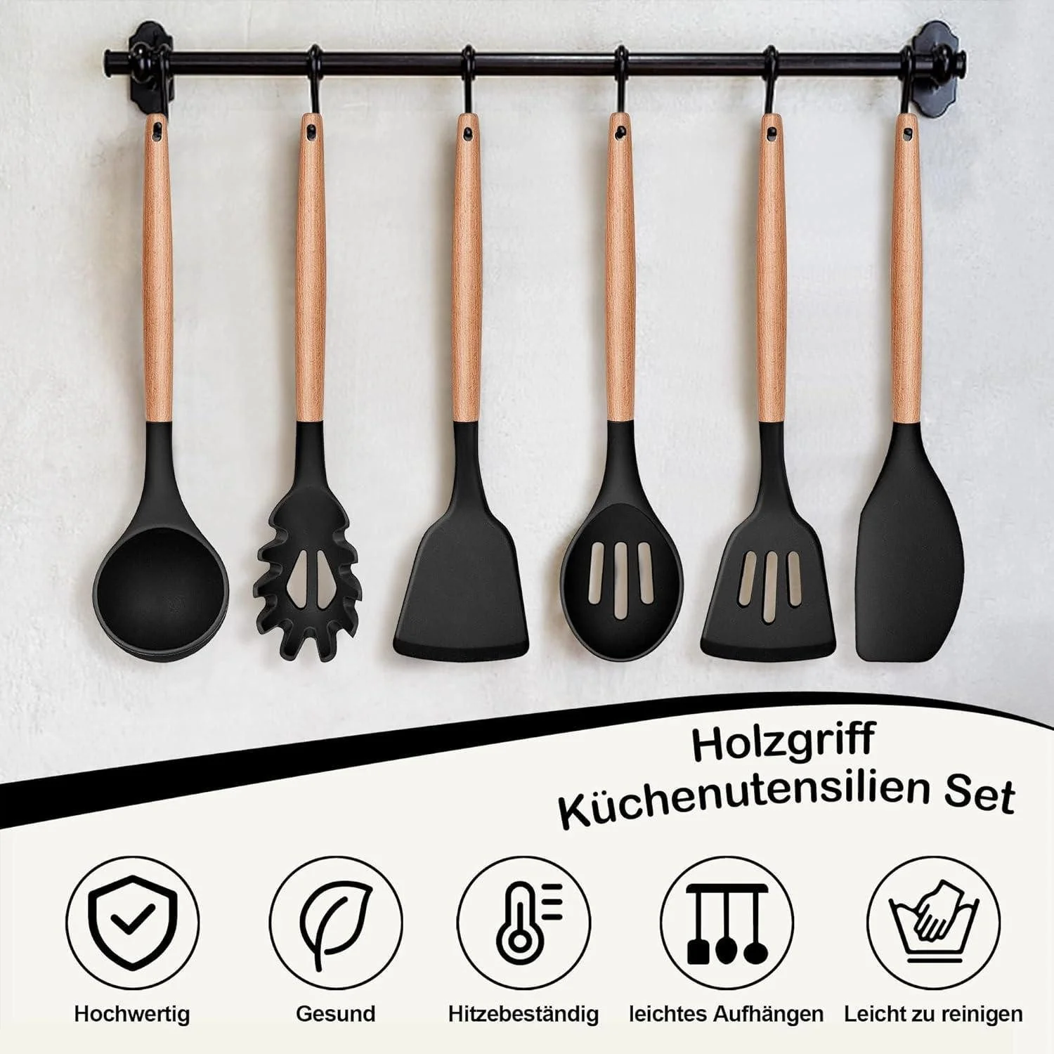 LUXUSKOLLEKTION Kochbesteck Set Silikon 6-teilig hitzefest Holzgriff