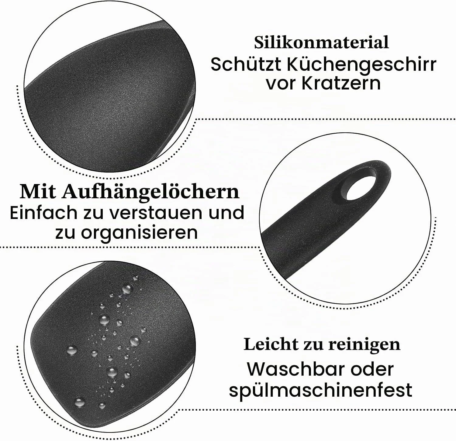 FELIXLEO Silikon Kochlöffel Set 6 Stück, 27 cm, schwarz, hitzefest